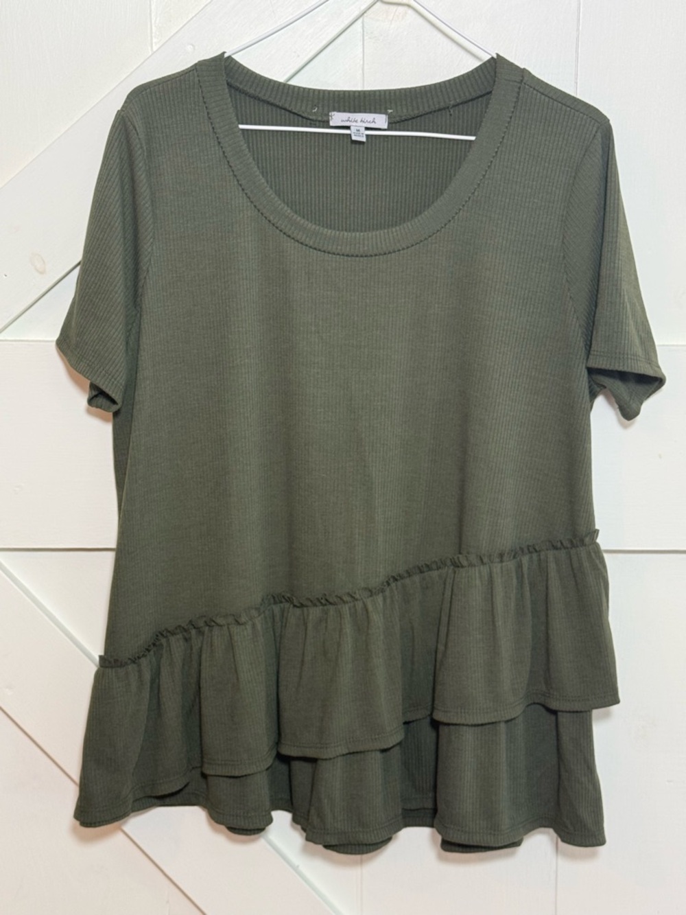 White Birch Olive Green Ribbed Tiered Ruffle Peplum Top Medium